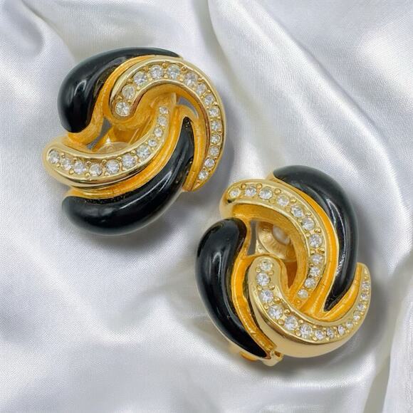 Vintage Gold Christian DIOR Black Enamel Rhinestone Crystal Clip On Earrings - Picture 1 of 12